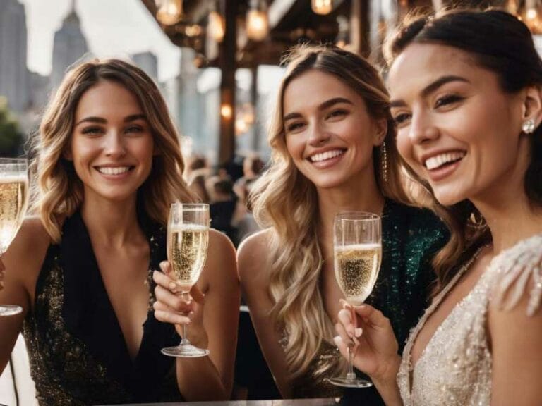 Three women smiling and holding champagne glasses at an outdoor event.